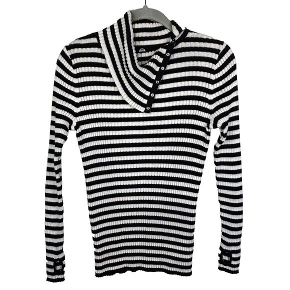 Margaret O'Leary Black & White Striped Snap Turtleneck Top Lightweight Sweater L - Picture 2 of 14